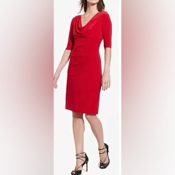 Lauren Ralph Lauren coral knit body con dress w/ front draping & side ruching 10 - Picture 1 of 5